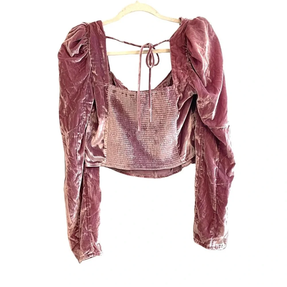 Free People Pink Velvet Bridgette Puff Sleeve Sweetheart Top M - Picture 5 of 6